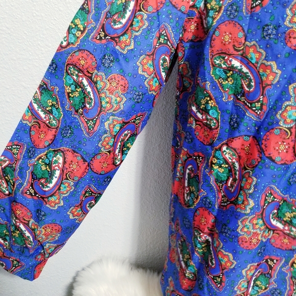 Vintage NEW Women's 70's 80's secretary bow office print shirt top blouse 16 - Picture 2 of 8